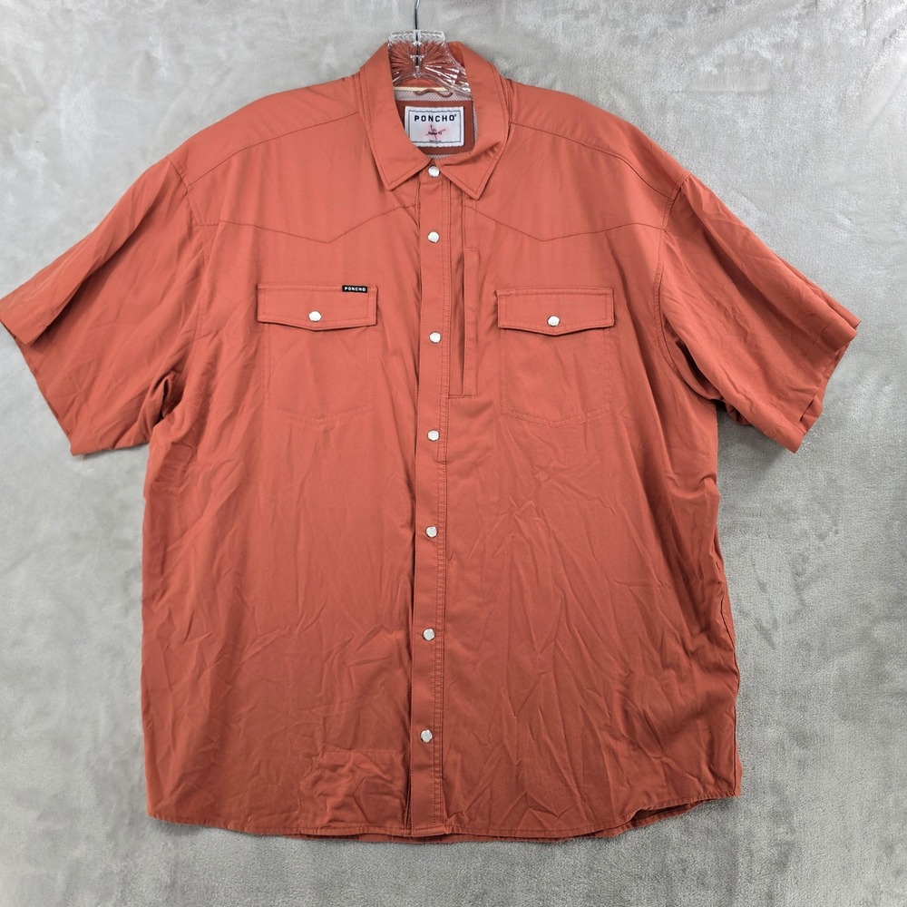 Poncho Western Shirt Mens XL Orange Short Sleeve Pearl Snap Vented Performance